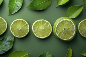 AI generated Limes and Leaves on Blue Background photo