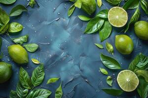 AI generated Limes and Leaves on Blue Background photo