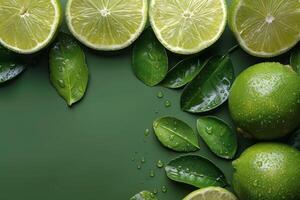 AI generated Limes and Leaves on Blue Background photo
