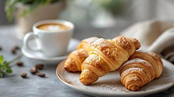 AI generated Two Croissants on a Plate With Coffee Cup photo