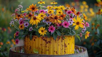 AI generated Colorful Flowers in Yellow Planter photo