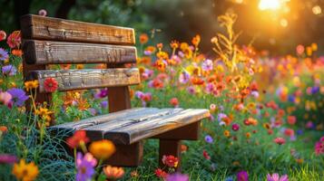 AI generated Wooden Bench in Field of Flowers photo