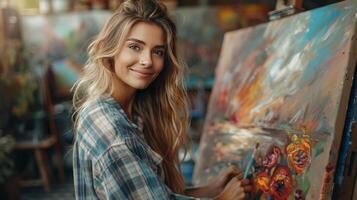 ai generado mujer pintura flores en lona foto