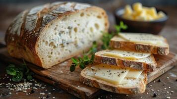 AI generated Assorted Breads and Cheeses on a Wooden Table photo