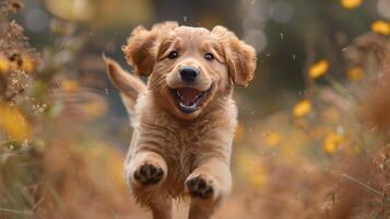 ai generado perrito corriendo mediante campo de amarillo flores foto