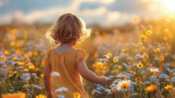 ai generado pequeño niña en pie en campo de flores foto