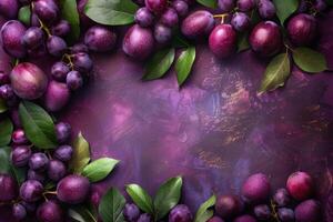 AI generated Plums With Leaves on Purple Background photo