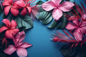 AI generated Pink Flowers and Green Leaves on a Blue Background photo