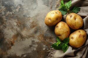 AI generated Pile of Yellow Potatoes on Wooden Table photo