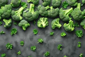 AI generated Row of Broccoli Heads on Pink Background photo