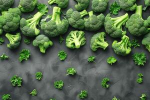 AI generated Row of Broccoli Heads on Pink Background photo