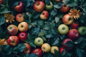 AI generated Group of Fresh Apples With Leaves photo