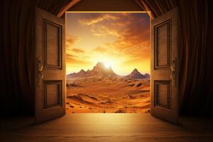 AI generated Inviting Open door at hot desert. Generate Ai photo