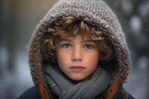ai generado escabroso retrato de chico en azul invierno ropa. generar ai foto