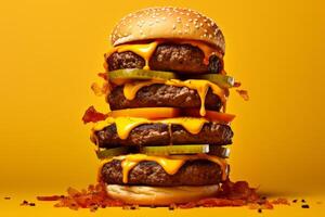 AI generated Appetizing Pile burgers orange background. Generate Ai photo