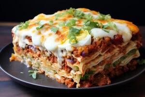 AI generated Spicy Ramen lasagna food on table. Generate Ai photo