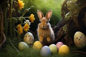 AI generated Vibrant Rabbit holding easter colorful egg. Generate Ai photo