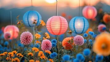 AI generated Field of Flowers and Paper Lanterns photo