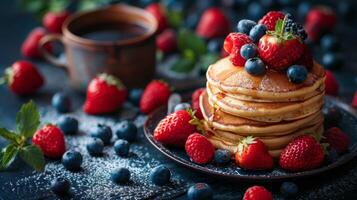 AI generated Stack of Pancakes Topped With Berries and Syrup photo