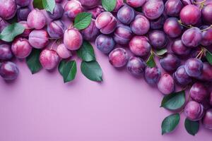 AI generated Plums With Leaves on Purple Background photo