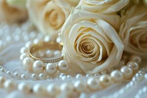 ai generado Boda anillos y ramo de flores de flores cerca arriba foto