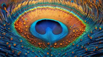 AI generated Close Up of a Peacocks Tail With Water Droplets photo