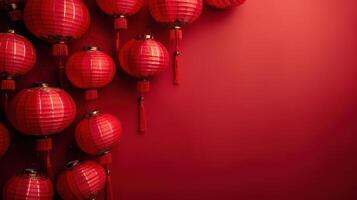 AI generated Chinese lanterns on a minimalistic red background. Lots of free space for text in the center photo