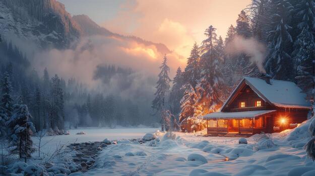 ai generado cabina en el montañas con fumar foto