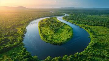 ai generado río fluido mediante lozano verde bosque foto