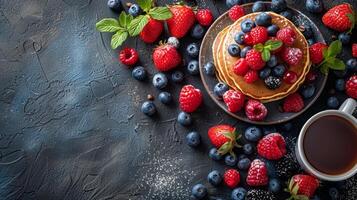 AI generated Stack of Pancakes Topped With Berries and Syrup photo