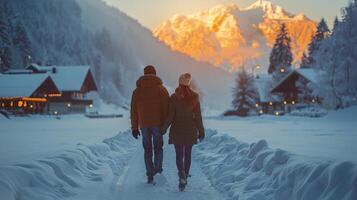 ai generado dos personas caminando en el nieve participación manos foto