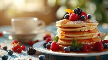 AI generated Stack of Pancakes Topped With Berries and Powdered Sugar photo