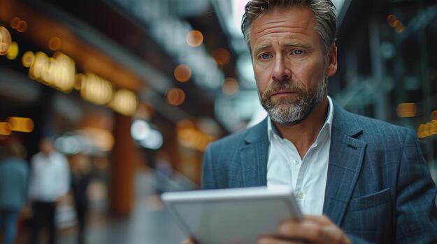 AI generated Man in Suit Looking at Tablet photo