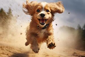 AI generated Fuzzy Running funny fluffy dog in summertime. Generate ai photo
