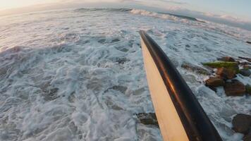 surfer met een eerste persoon visie probeert naar Gaan in de oceaan met een surfplank. crashen golven Bij zonsondergang of zonsopkomst video