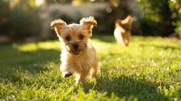 AI generated Puppies frolic and tumble on a sunny grassy lawn photo