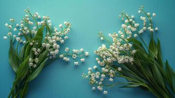 AI generated A beautiful bouquet of White lilies of the valley lies on the left on a blue minimalistic pastel background photo