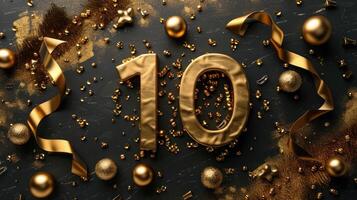 AI generated Gold number 10 on a minimalist black background. There are gold candies and ribbons around photo