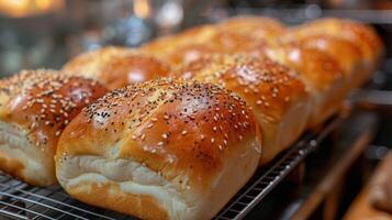 AI generated Close Up of Bread Bunches on Rack photo