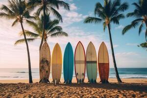 AI generated Sparkling Row of surfboards on beach. Generate Ai photo