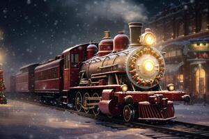 AI generated Vibrant Christmas red train. Generate Ai photo