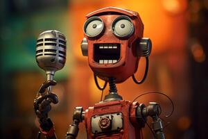 ai generado metálico robot cantante micrófono. generar ai foto