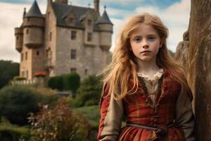 AI generated Majestic Scot girl scottish castle. Generate Ai photo