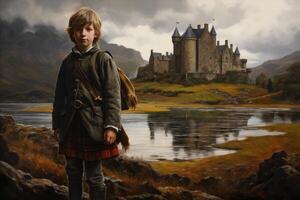 AI generated Adventurous Scot child boy scottish castle. Generate Ai photo