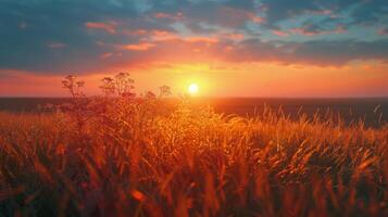 AI generated Sun Setting Over Tall Grass Field photo