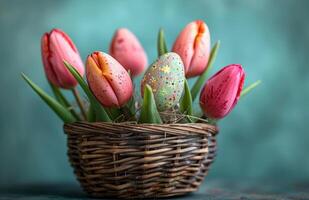 AI generated Colorful Easter eggs in a basket with tulips, a vibrant and festive arrangement photo