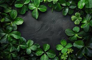 AI generated green shamrocks surrounds a black background photo