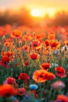 AI generated Beautiful field with poppies at sunset. There are poppy flowers below and green grass above the sun photo