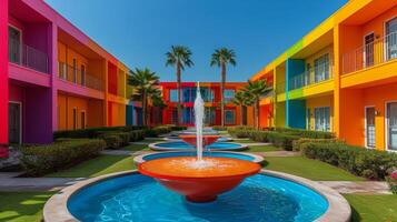 AI generated Colorful Building With Fountain photo