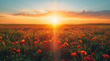 AI generated Beautiful field with poppies at sunset. There are poppy flowers below and green grass above the sun photo